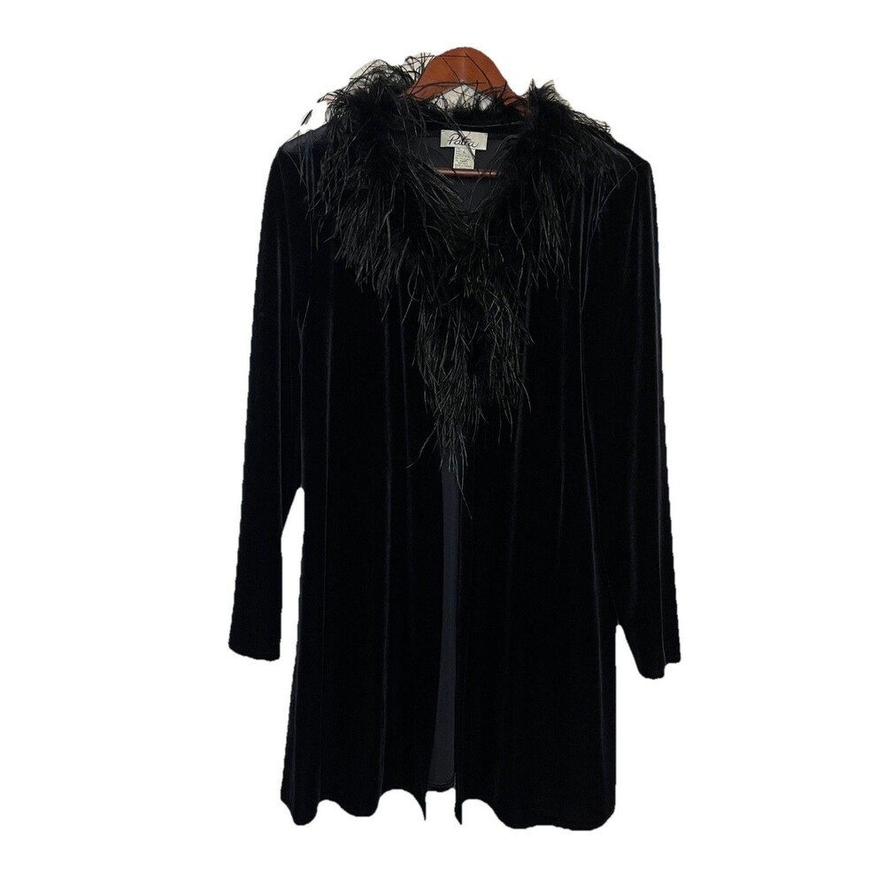 Patra Vintage Womens Large Black Velvet Open Front Feather Lined Cardigan
